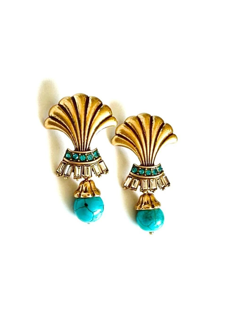 KRAMER Vintage Turquoise & Crystal Brushed Gold-Tone Shell Drop Earrings | NEW - Picture 2 of 9